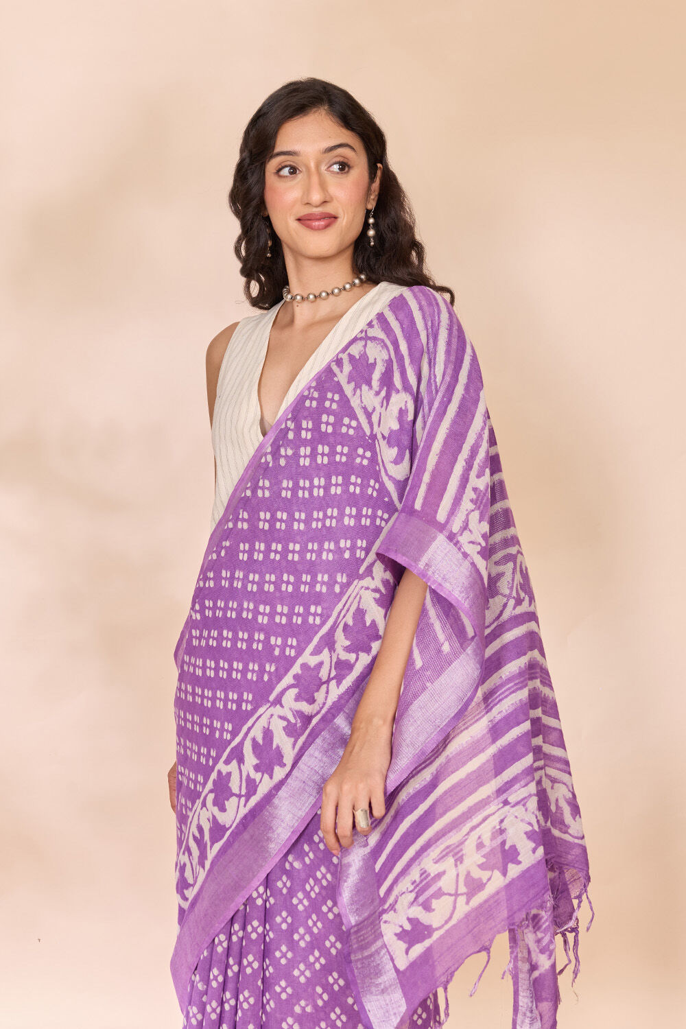 Light Violet Bagru Viscose Cotton Dabu Block Printed Saree image number null