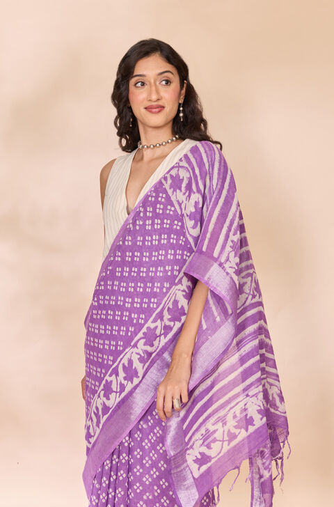 Light Violet Bagru Viscose Cotton Dabu Block Printed Saree