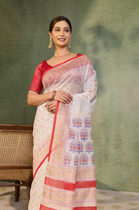 Off White Pure Silk Cotton Block Printed Bengal Saree