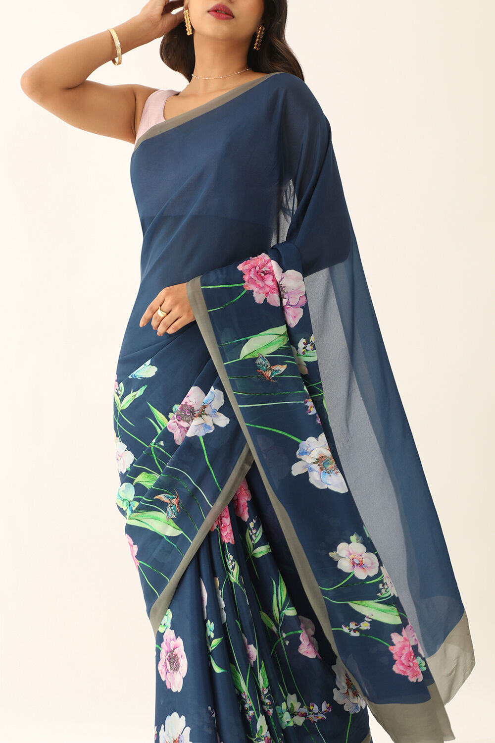 Blue Viscose Crepe Digital Print Saree image number null