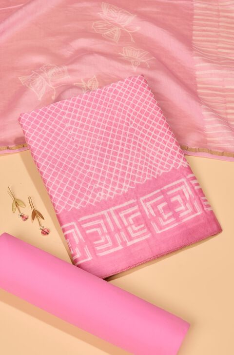 Pink Pure Silk Cotton Tie & Dye Shibori Unstitched Suit Set