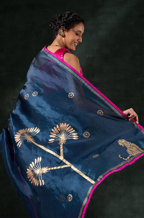 Blue Pure Organza Printed Embroidery Saree