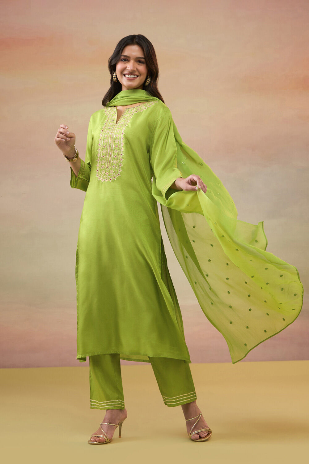 Green Pure Viscose Embroidered Kurta Set image number null