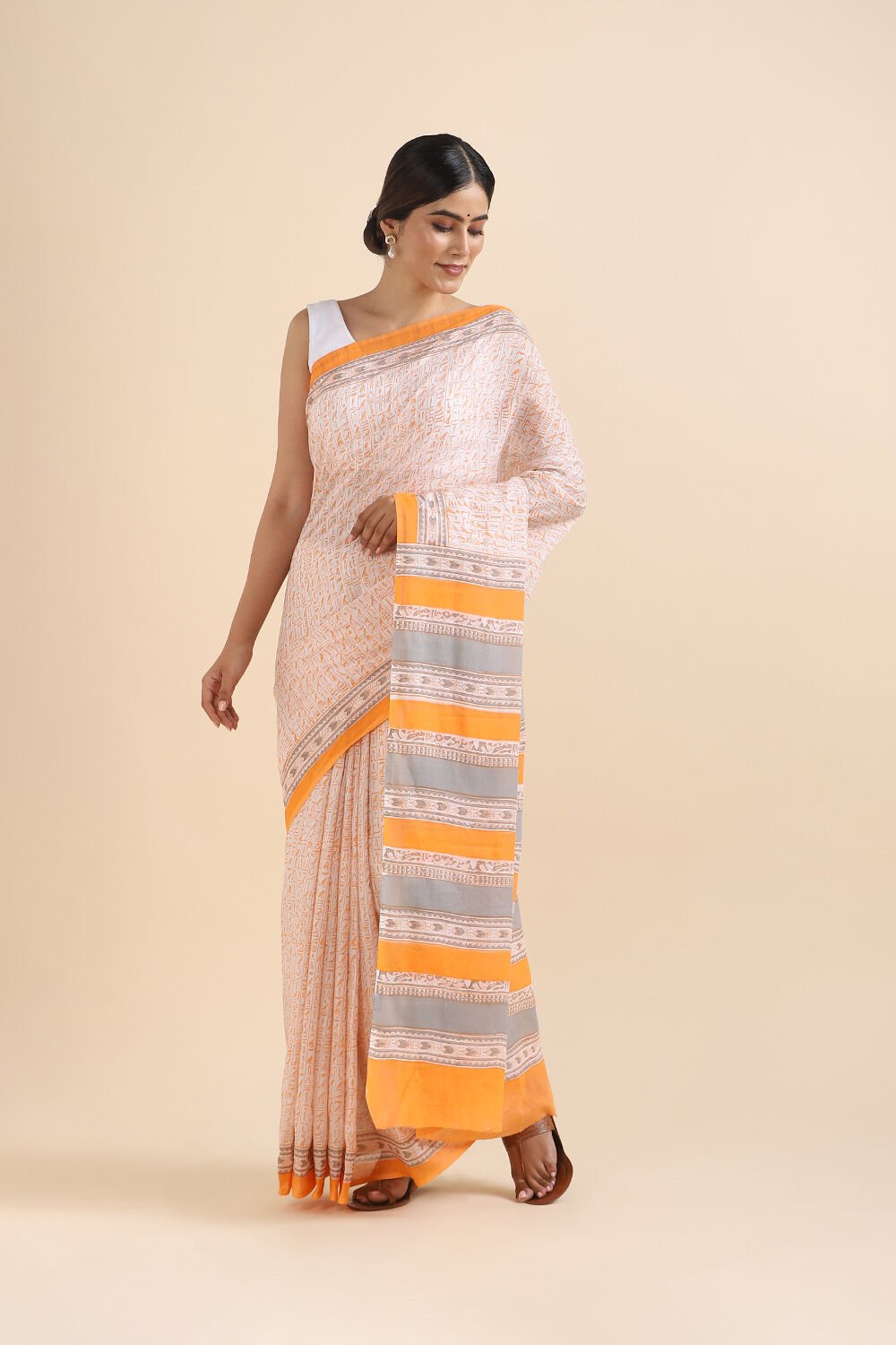 Light Orange Pure Cotton Mulmul Printed Saree image number null