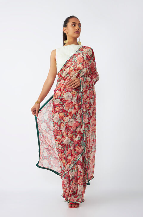 Red Viscose Chiffon Digital Printed Saree