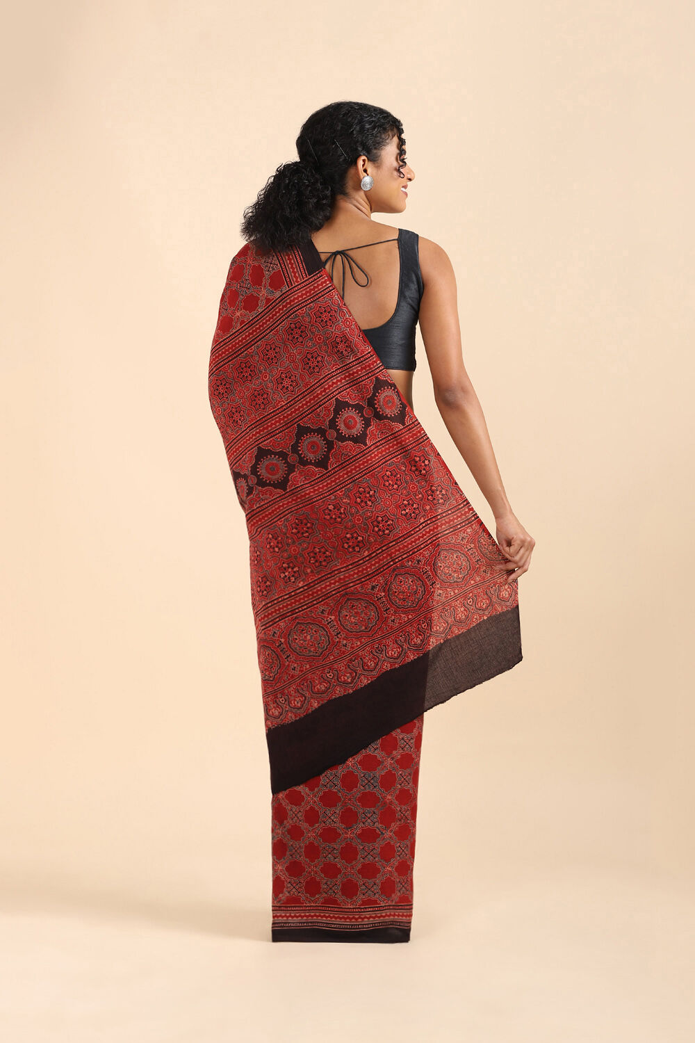 Red Pure Cotton Ajrakh Printed Saree image number null
