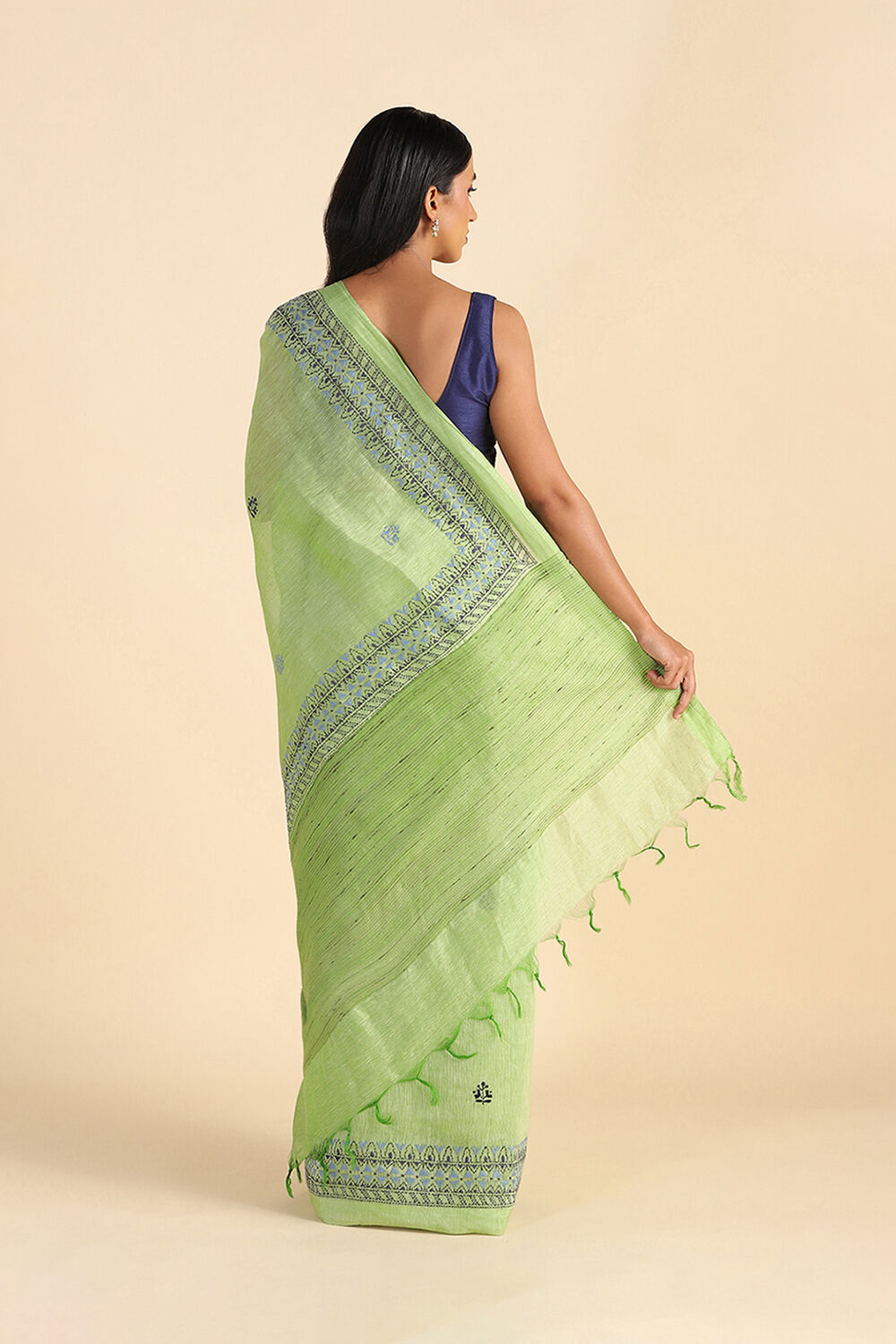 Green Embroidered Pure Silk Linen Saree image number null