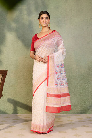Off White Pure Silk Cotton Block Printed Bengal Saree thumbnail image number null