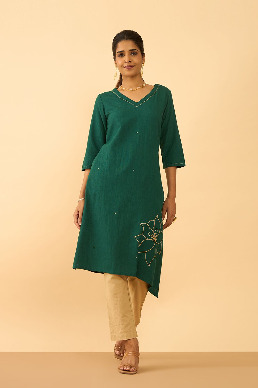 Dark Green Viscose Cotton Embroidered Kurta image number null