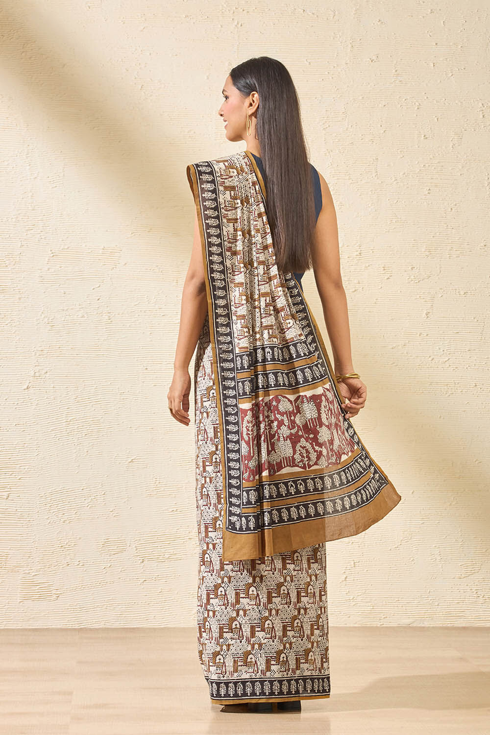 Beige Bagru Block Printed Pure Cotton Saree image number null