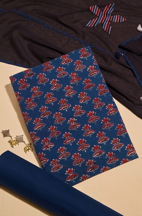 Blue Pure Cotton Ajrakh Unstitched Suit Set