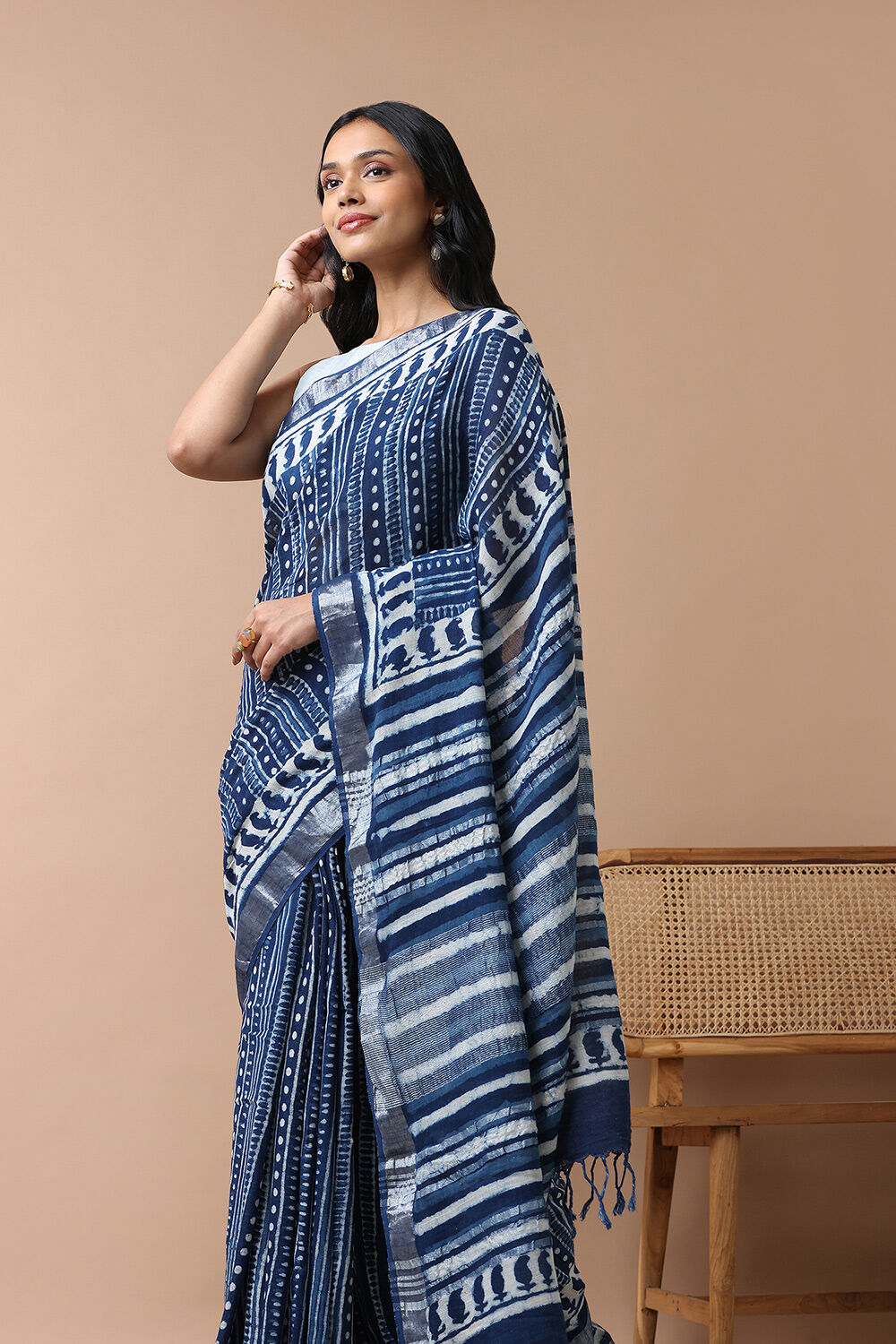 Blue Cotton Viscose Rajasthan Block Printed Saree image number null