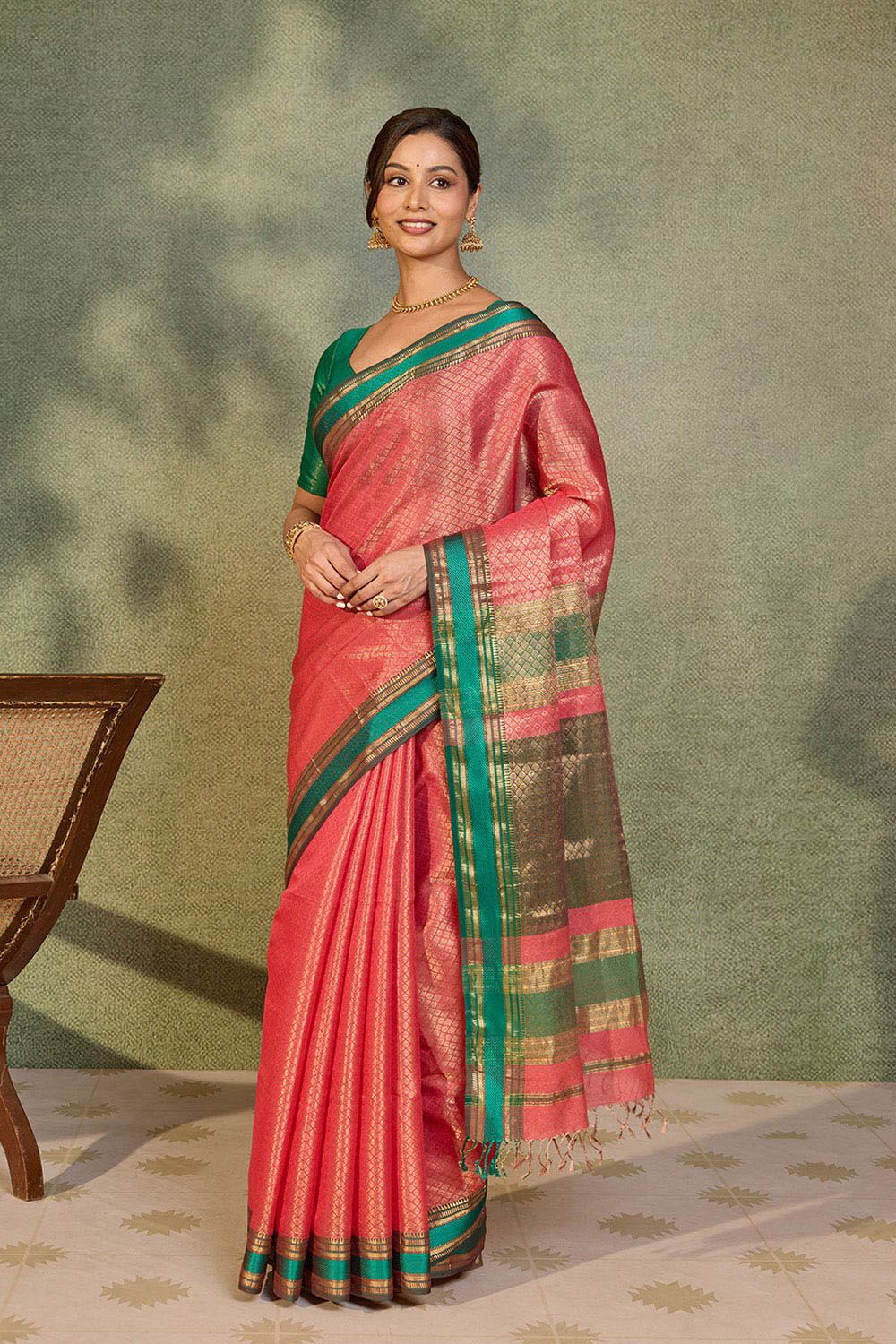 Pink Brocade Pure Silk Cotton Maheshwari Saree image number null