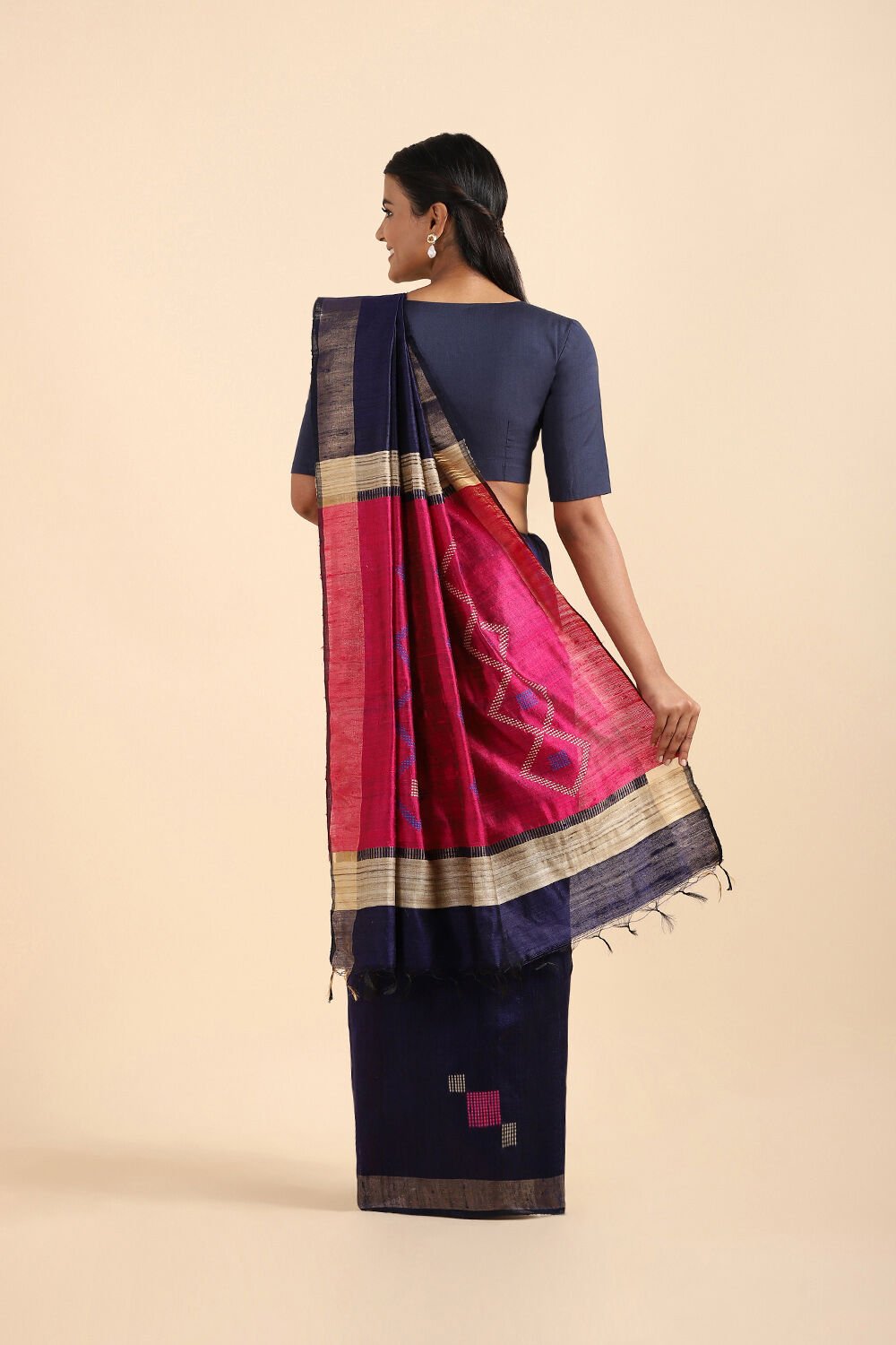 Dark Blue Pure Tussar Silk Bhagalpuri Saree image number null