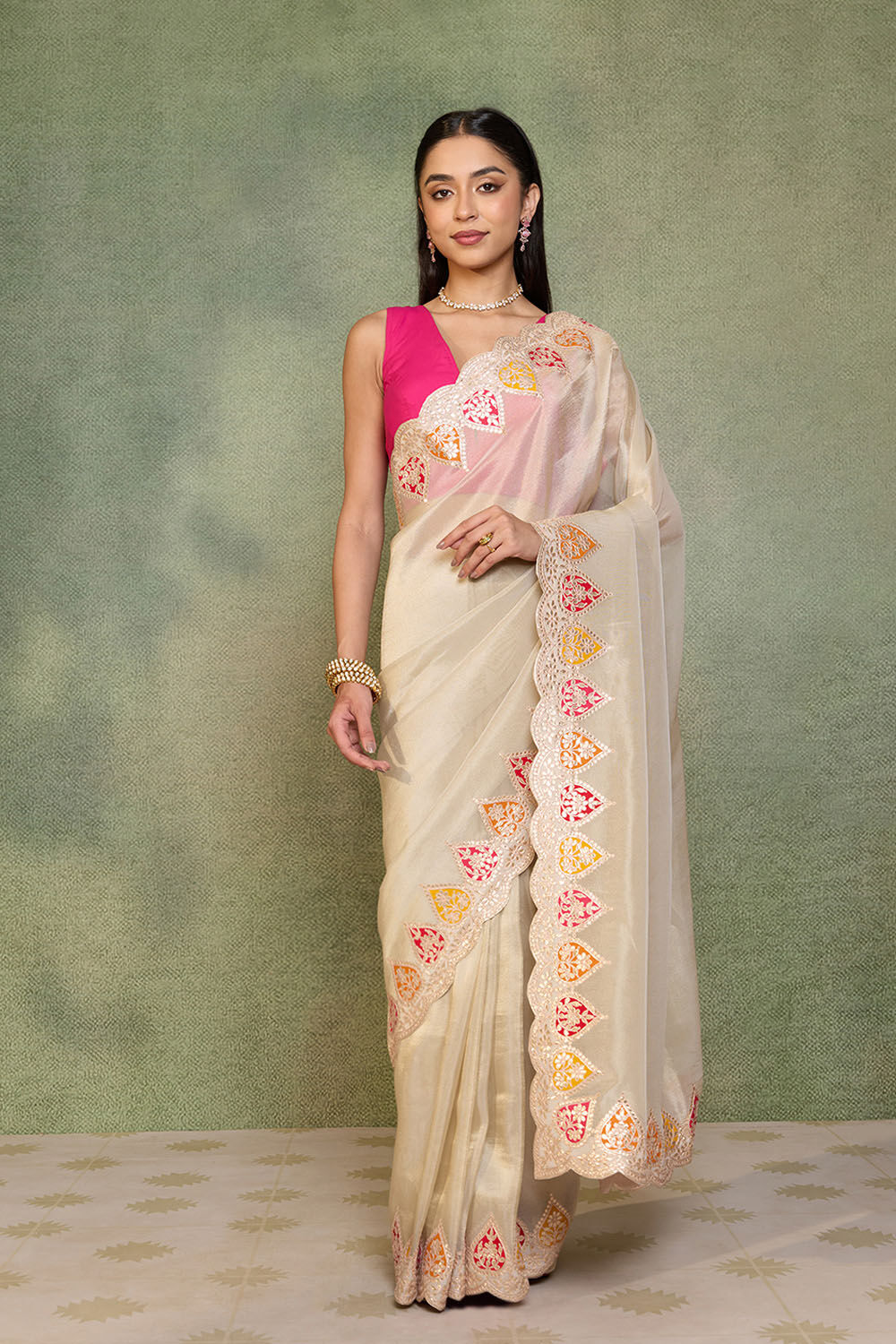 Beige Viscose Tissue Gota Patti Saree image number null