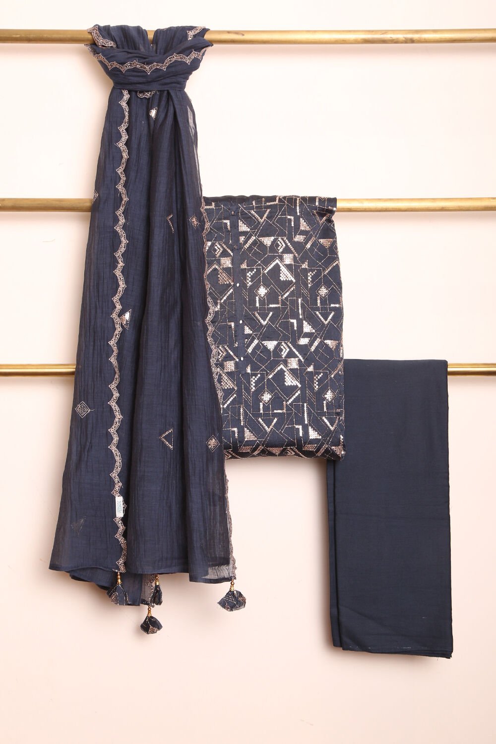Dark Blue Embroidery Pure Silk Cotton Suit Set image number null