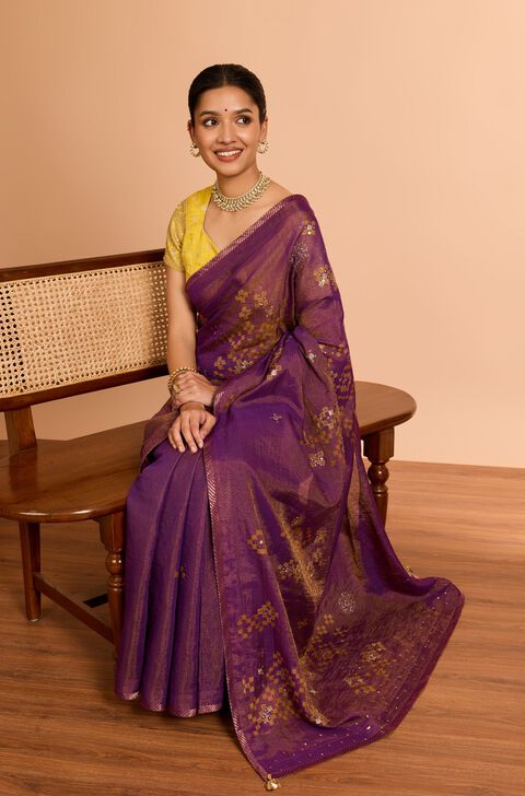 Purple  Pure Tissue Cotton Printed Embroidery Saree