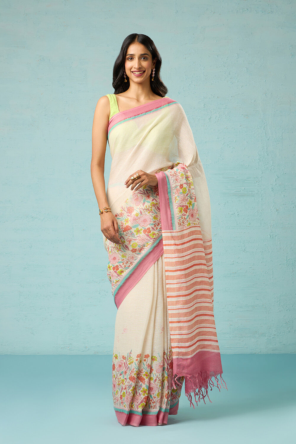 Off White Screen Printed Pure Linen Saree image number null