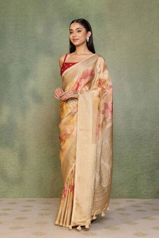 Beige Printed Viscose Tissue Saree thumbnail image number null