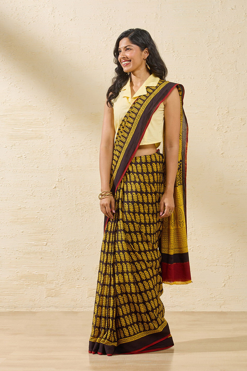 Yellow Bagh Block Printed Pure Cotton Saree image number null