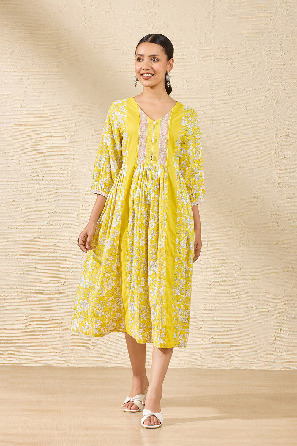 Yellow Pure Cotton Printed Sanganeri Dress image number null