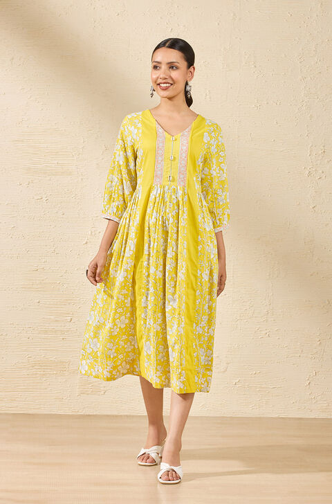 Yellow Pure Cotton Printed Sanganeri Dress