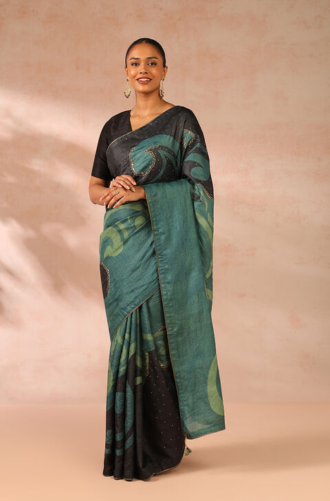 Green Pure Tussar Silk Hand Painted Saree
