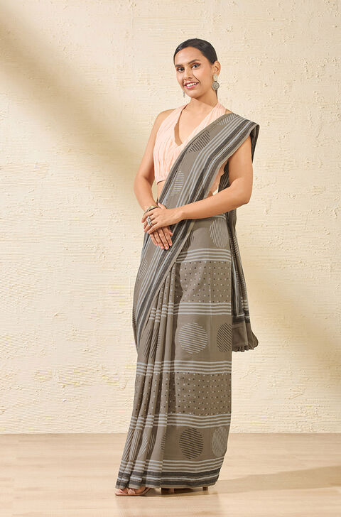 Brown Rajasthan Pure Cotton Dabu Block Printed Saree