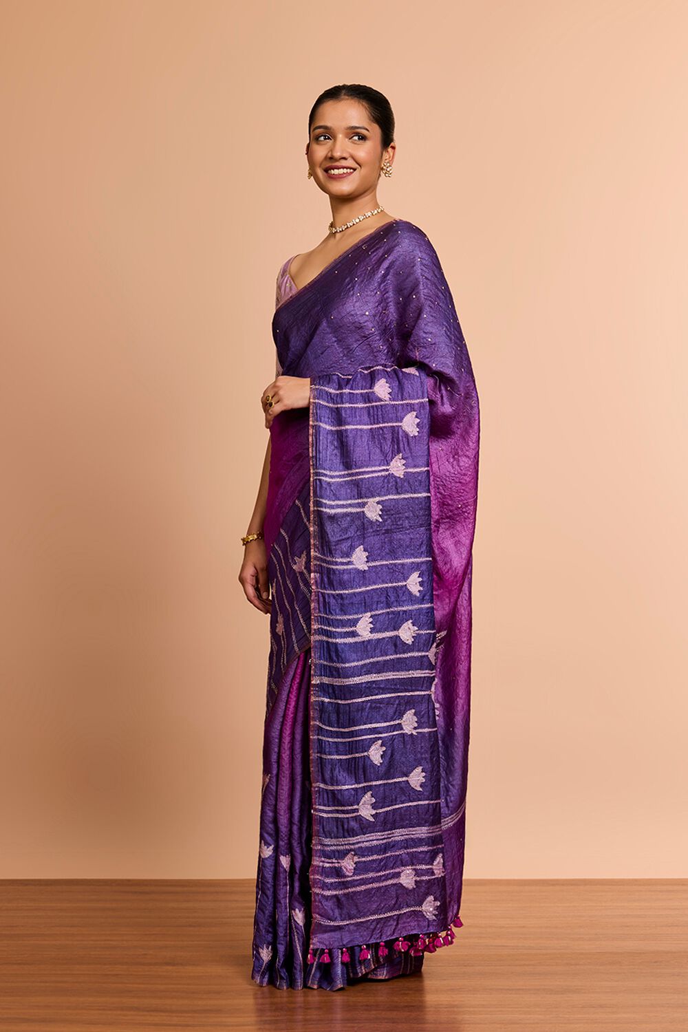 Purple Bengal Pure Tussar Silk Hand Painted Saree image number null