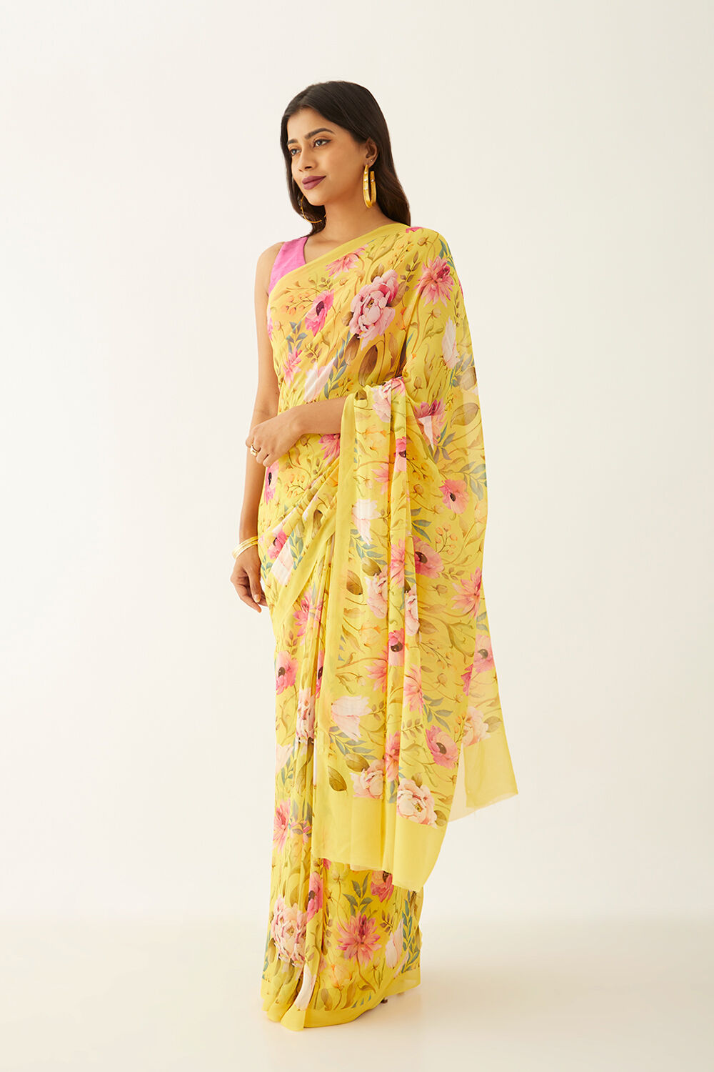 Yellow Viscose Georgette Digital Print Saree image number null