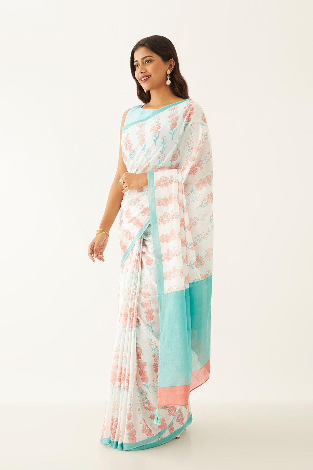 Off White Pure Cotton Mulmul Printed Saree image number null