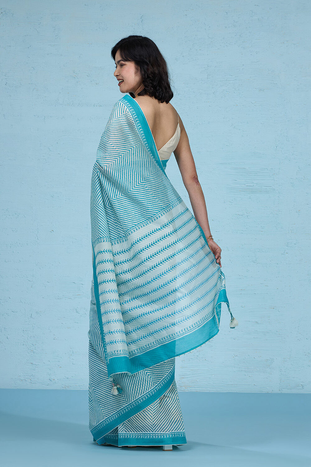 Blue Pure Silk Cotton Block Printed Bengal Saree image number null