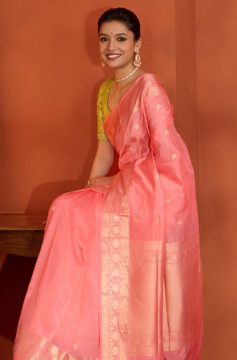 Pink Silk Viscose Kadwa Banaras Inspired Design Saree