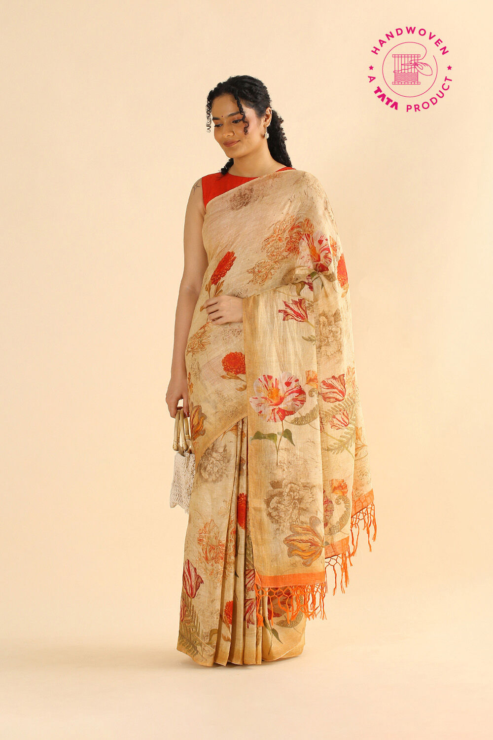 Beige Pure Linen Digital Printed Saree image number null