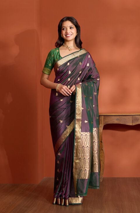 Dark Violet Silk Viscose Banarasi Design Cutwork Saree
