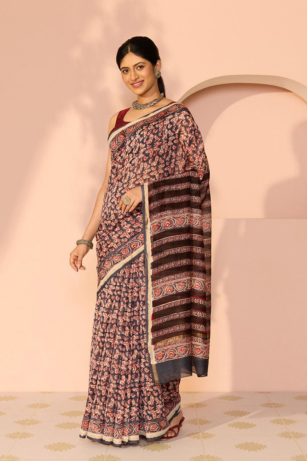 Dark Blue Rajasthan Pure Silk Cotton Printed Sanganeri Saree image number null
