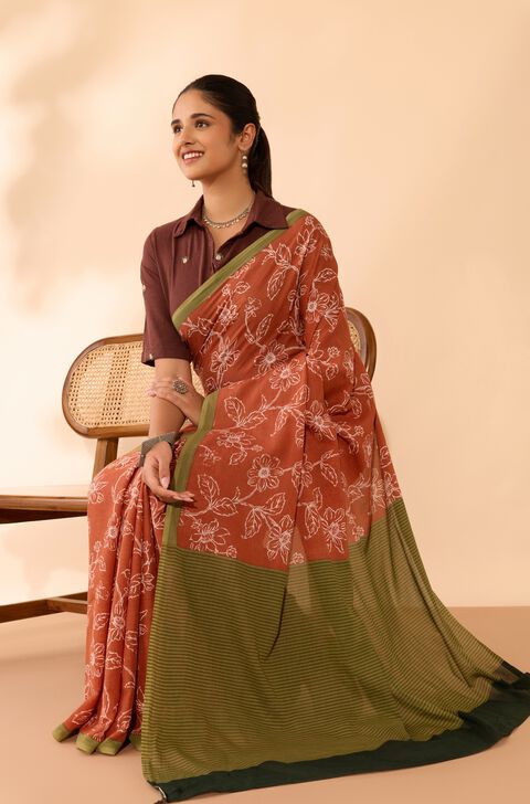 Dark Orange Screen Printed Bengal Mulmul Saree