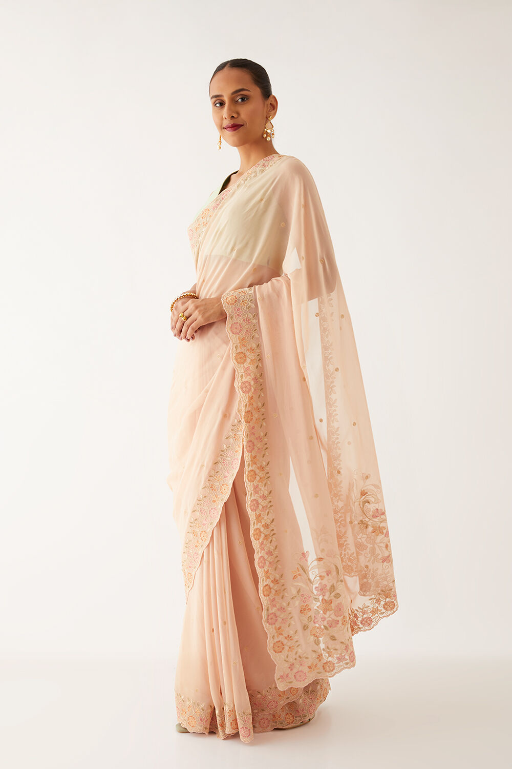 Light Beige Viscose Georgette Embroidered Saree image number null