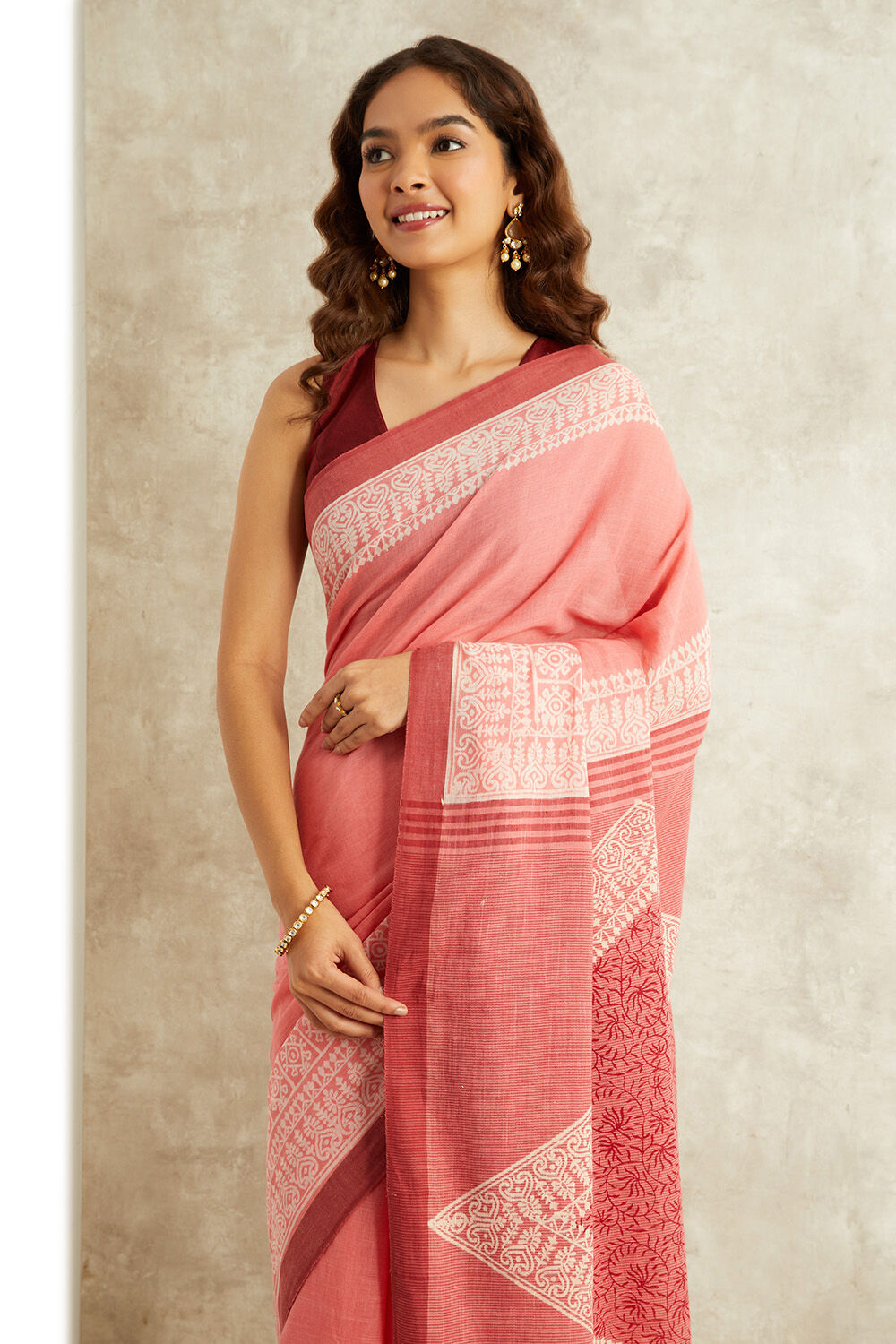 Pink Block Printed Pure Cotton Bengal Saree image number null