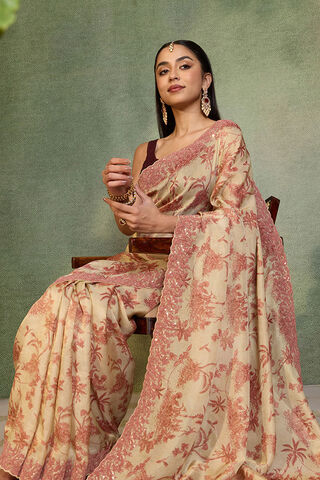 Beige Viscose Tissue Embroidered Saree image number