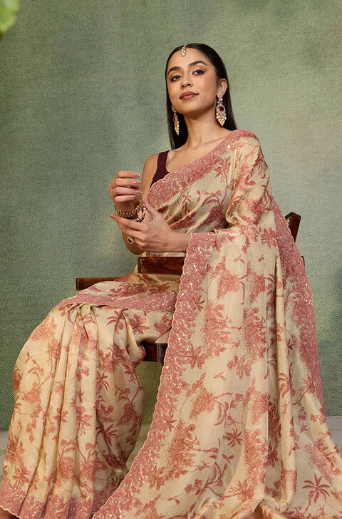 Beige Viscose Tissue Embroidered Saree