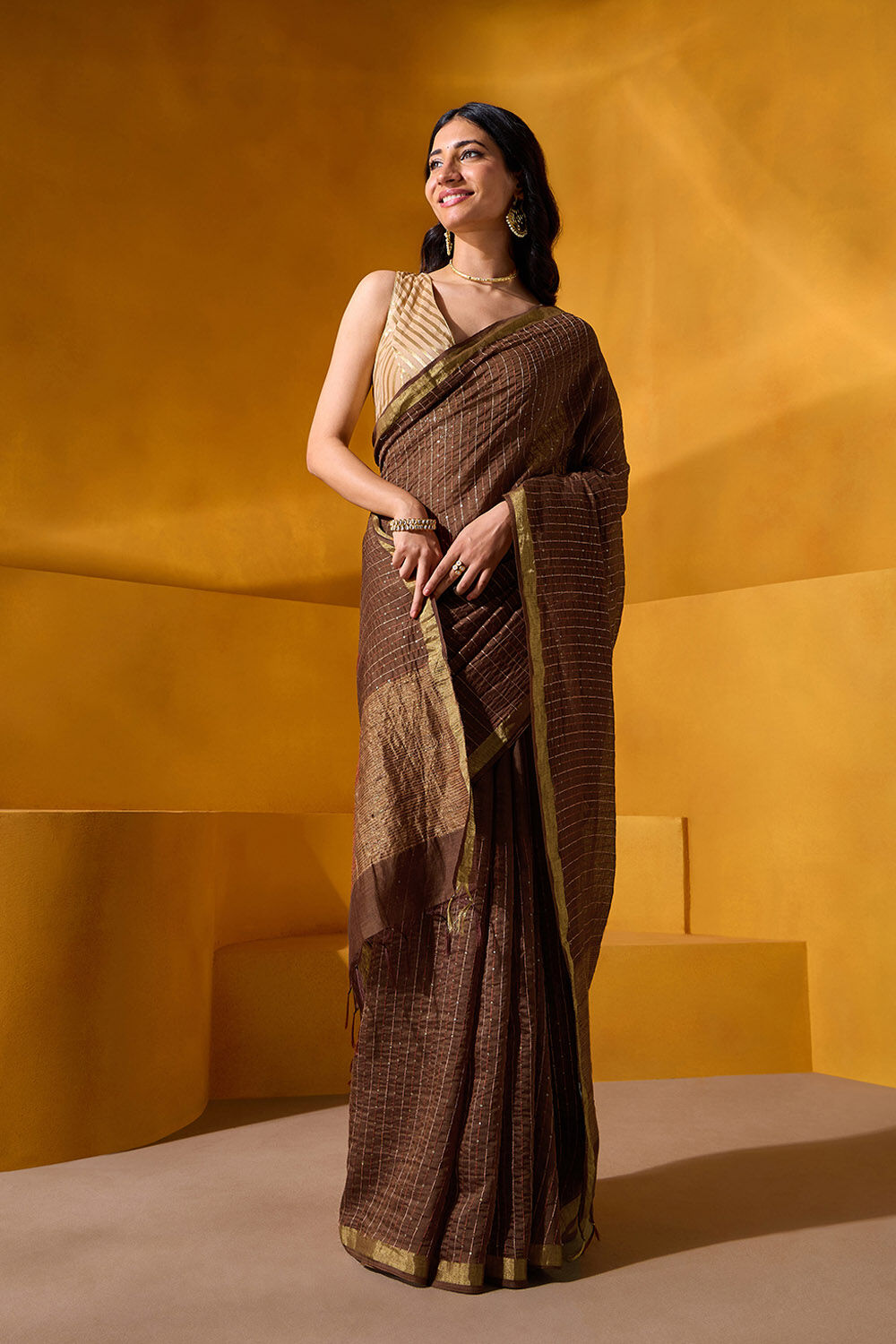 Brown Pure Silk Linen Embroidered Saree image number null