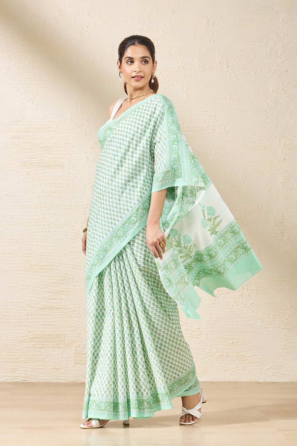 Light Green Block Printed Rajasthan Pure Cotton Saree image number null
