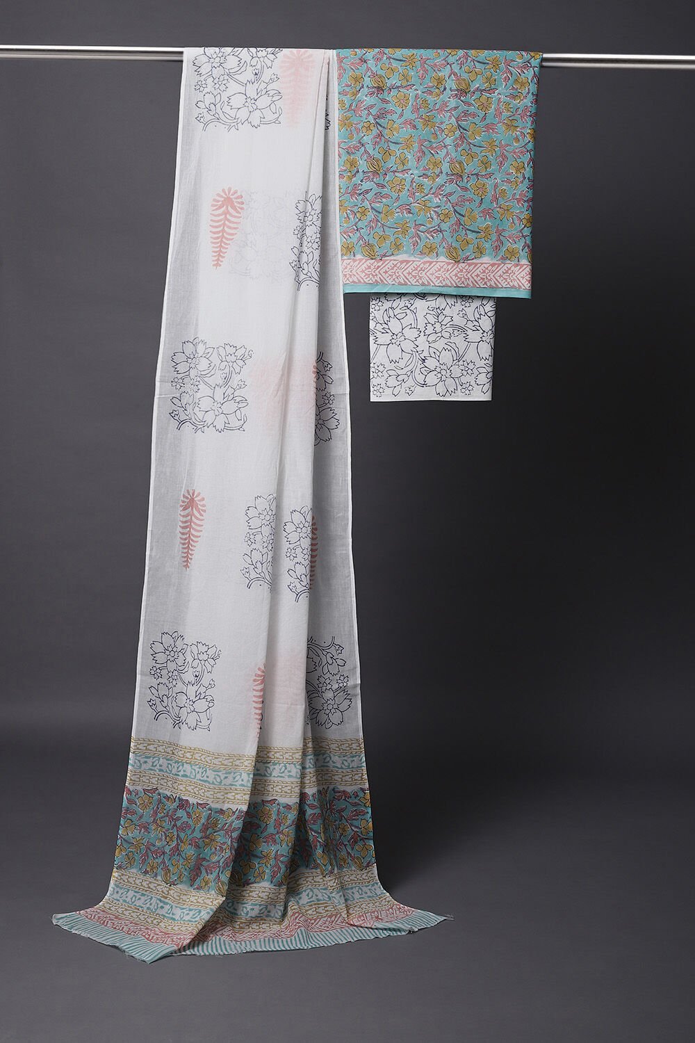 Blue Cotton Block Printed Unstitched Suit Set image number null