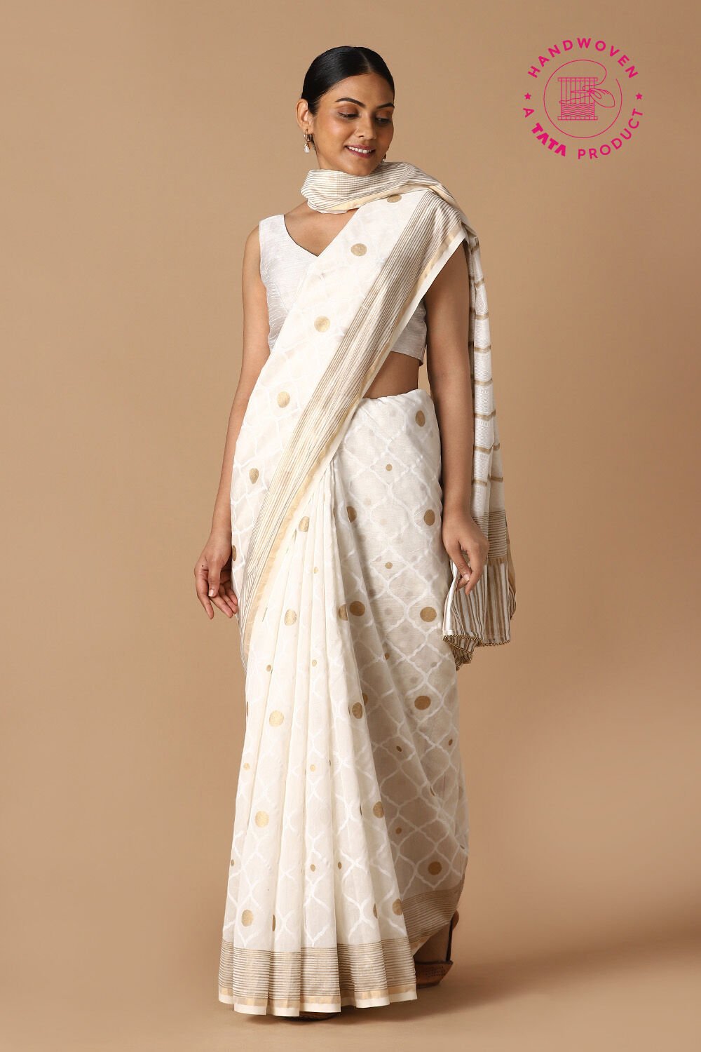 Off White Pure Silk Cotton Hand Printed Saree image number null