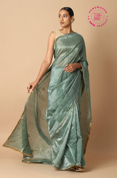 Dark Green Pure Tissue Silk Embroidered Saree