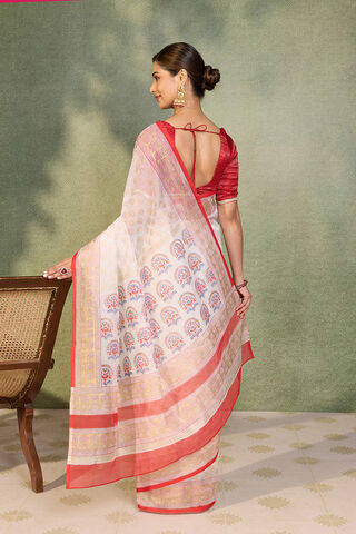 Off White Pure Silk Cotton Block Printed Bengal Saree thumbnail image number null