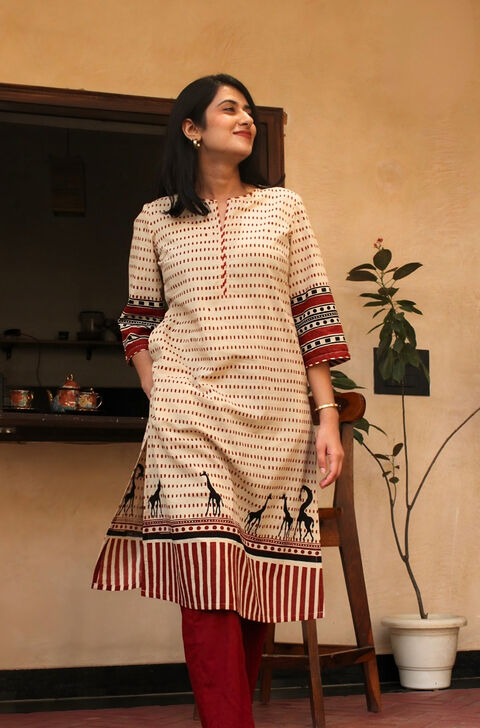 Beige Bagru Block Printed Pure Cotton Kurta