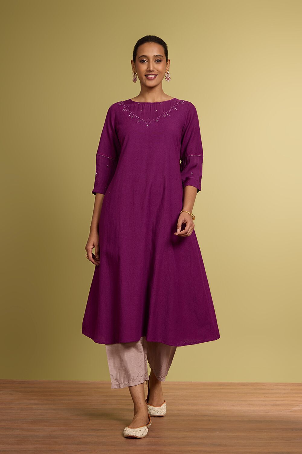 Violet Cotton Viscose Mukaish Kurta image number null