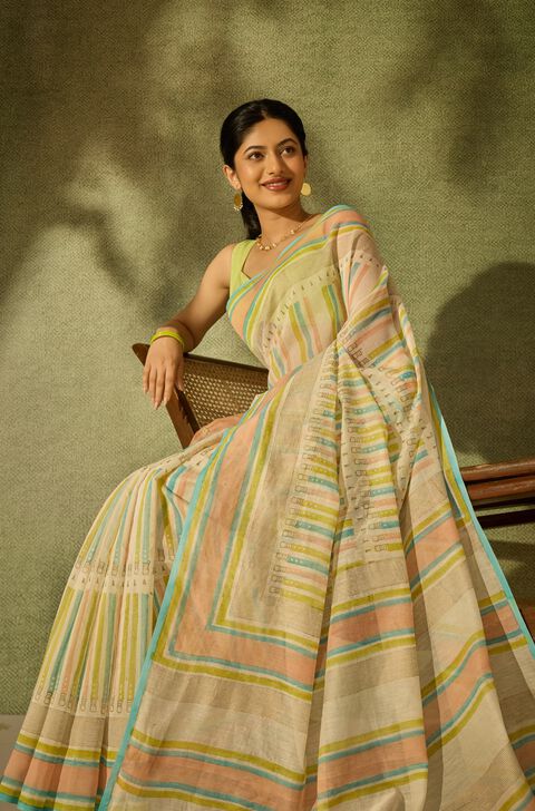Off White Rajasthan Pure Silk Cotton Printed Sanganeri Saree
